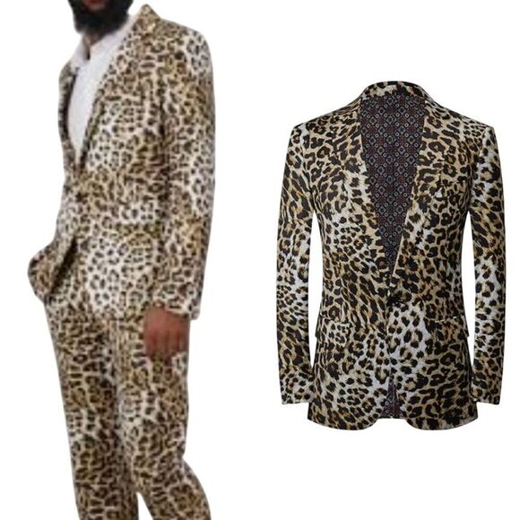 Leopard Print Mens Satin Blazer Jacket L/46 Single-Breasted Party Stage Suit - Picture 1 of 14